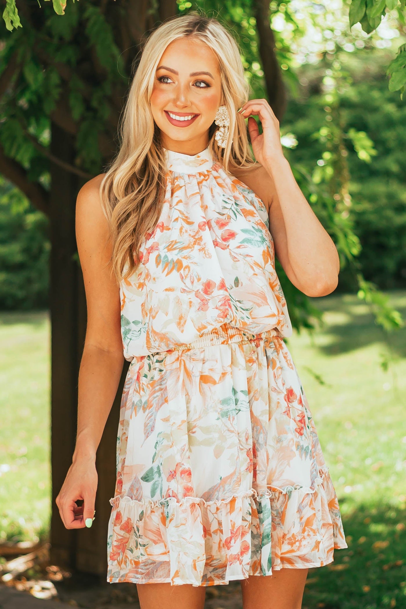 Ivory Floral Print Halter Neck Woven Dress