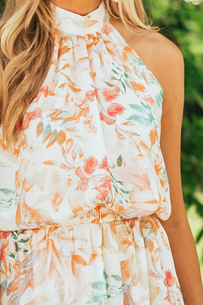 Ivory Floral Print Halter Neck Woven Dress