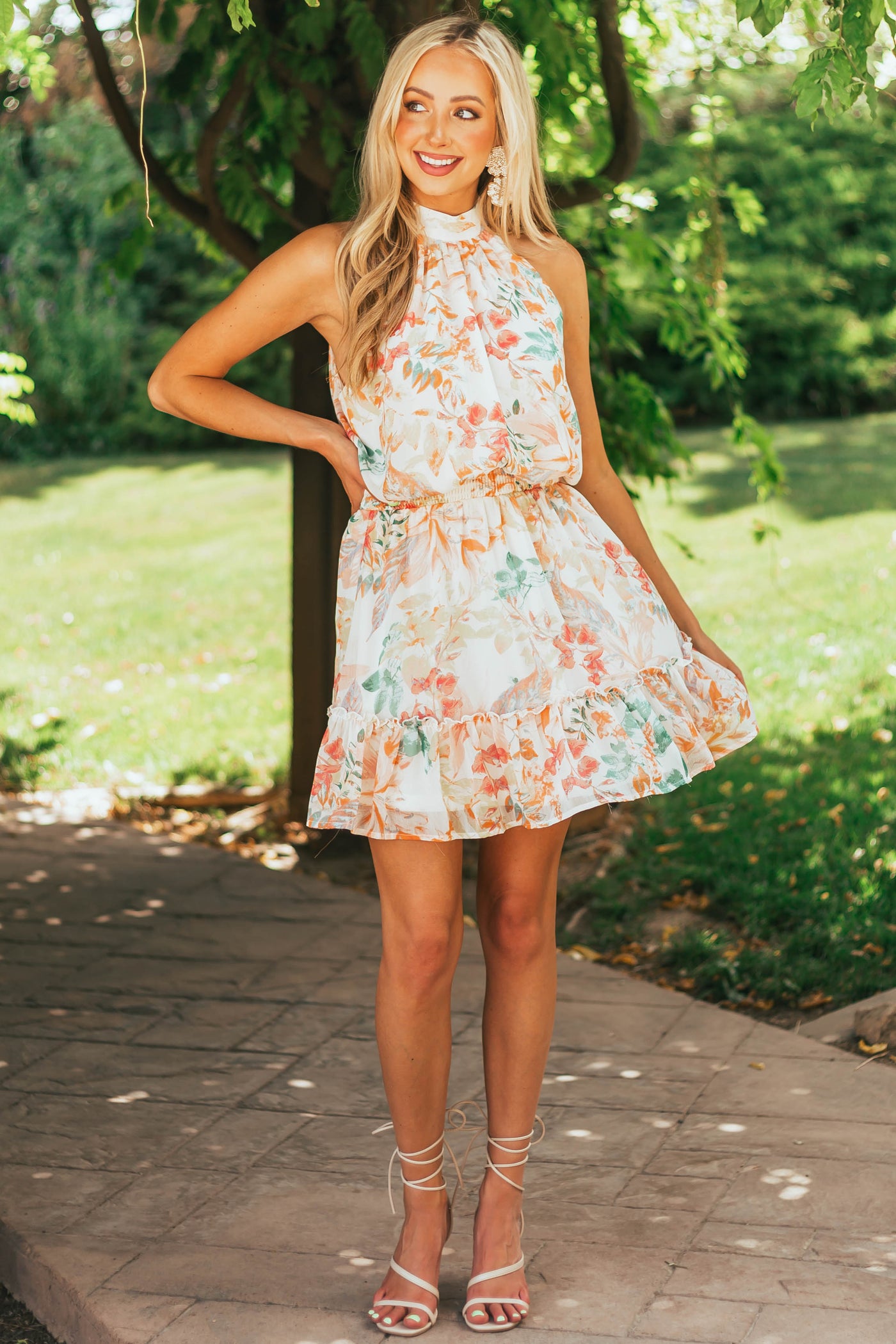 Ivory Floral Print Halter Neck Woven Dress