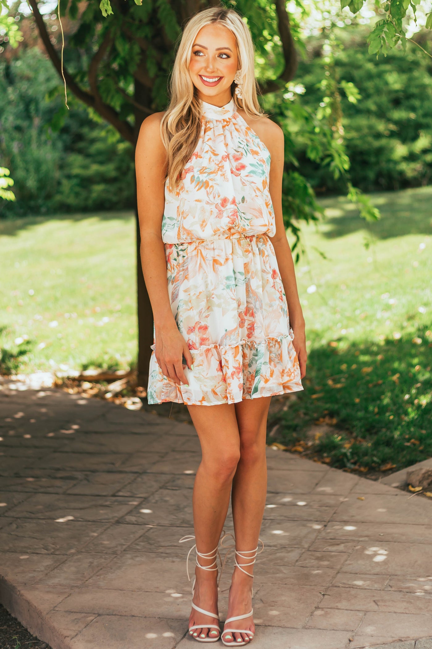 Ivory Floral Print Halter Neck Woven Dress