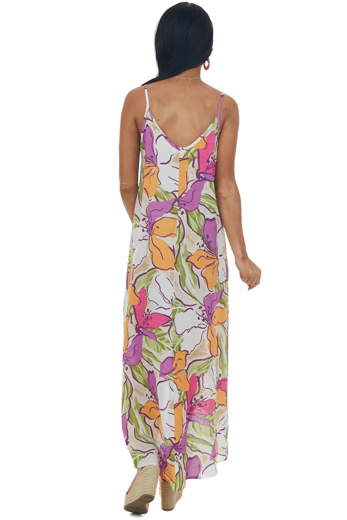 Ivory Floral Print High Low Sleeveless Dress