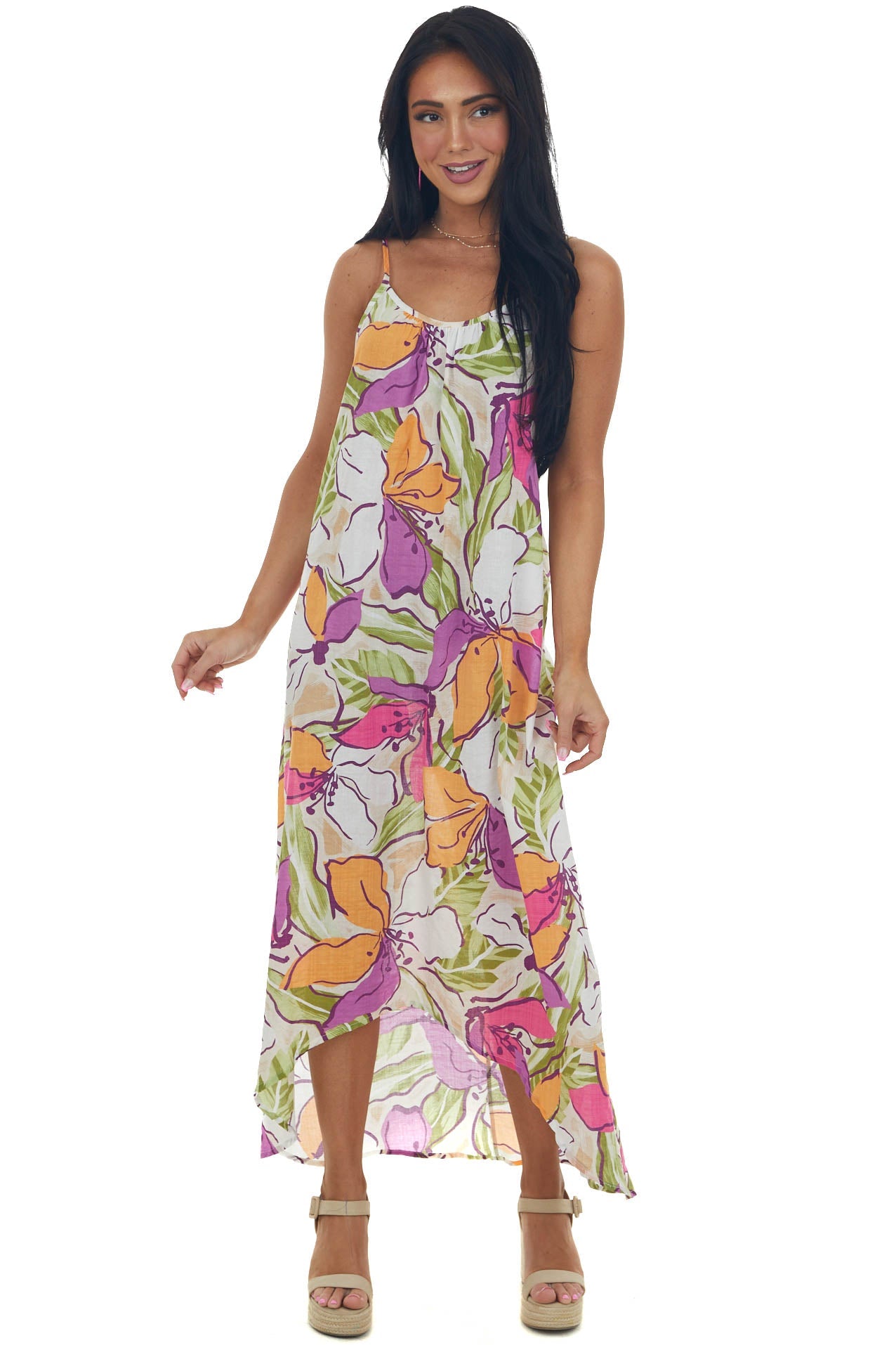 Ivory Floral Print High Low Sleeveless Dress