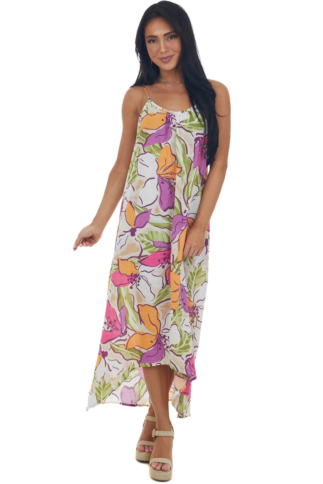 Ivory Floral Print High Low Sleeveless Dress