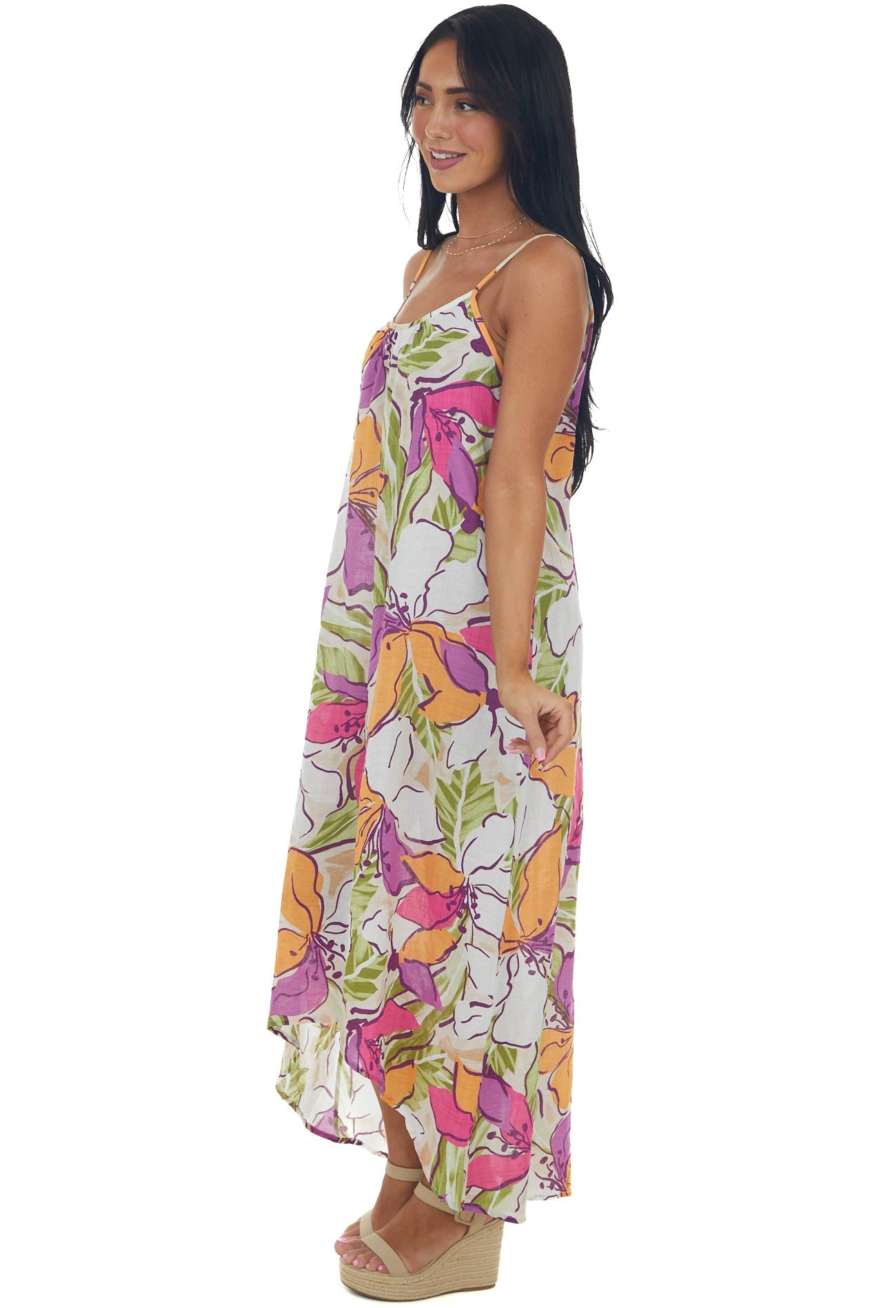 Ivory Floral Print High Low Sleeveless Dress