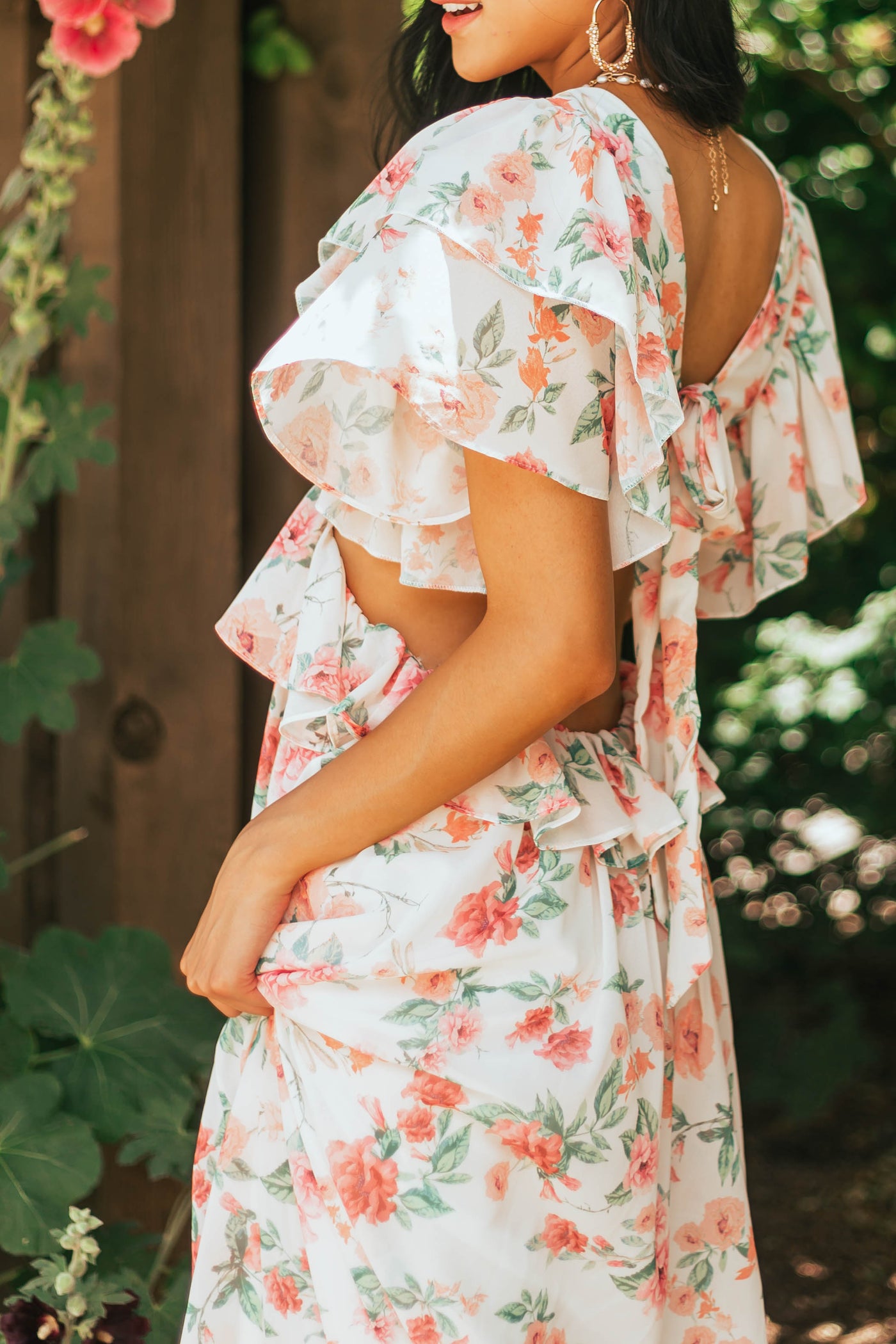 Ivory Floral Print Open Back Woven Maxi Dress