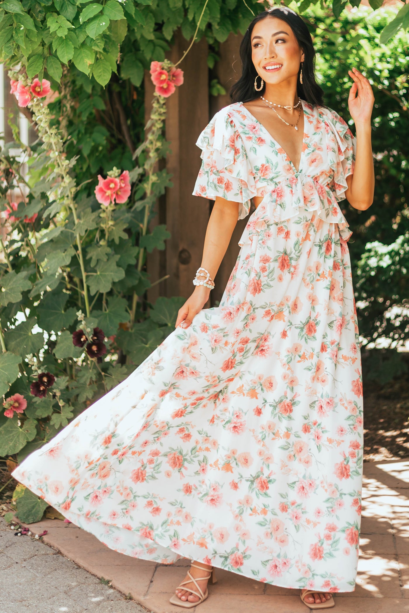 Ivory Floral Print Open Back Woven Maxi Dress