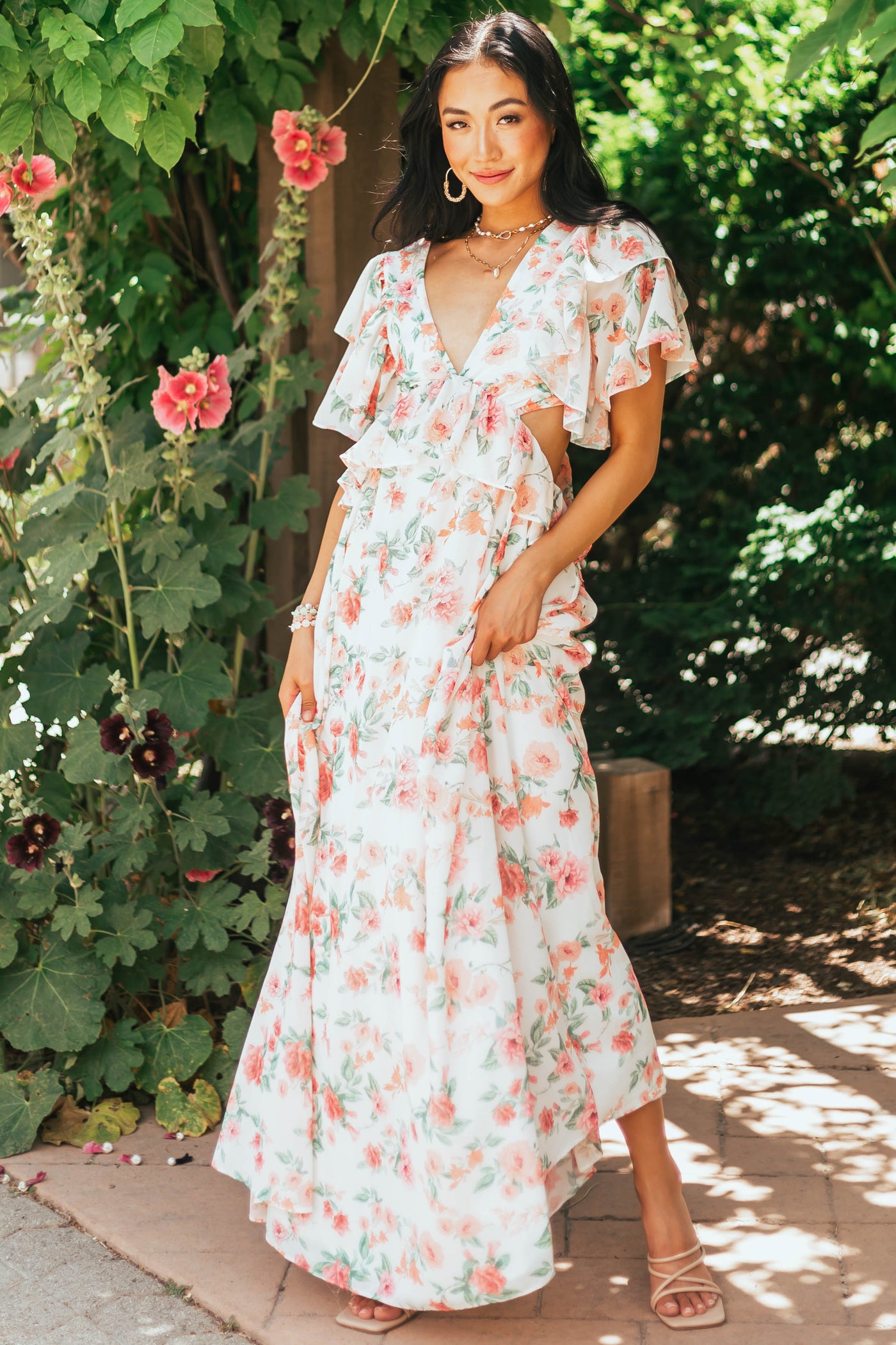 Ivory Floral Print Open Back Woven Maxi Dress