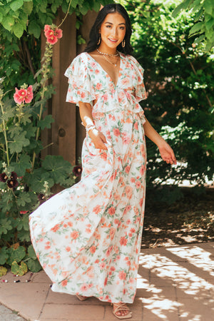 Ivory Floral Print Open Back Woven Maxi Dress