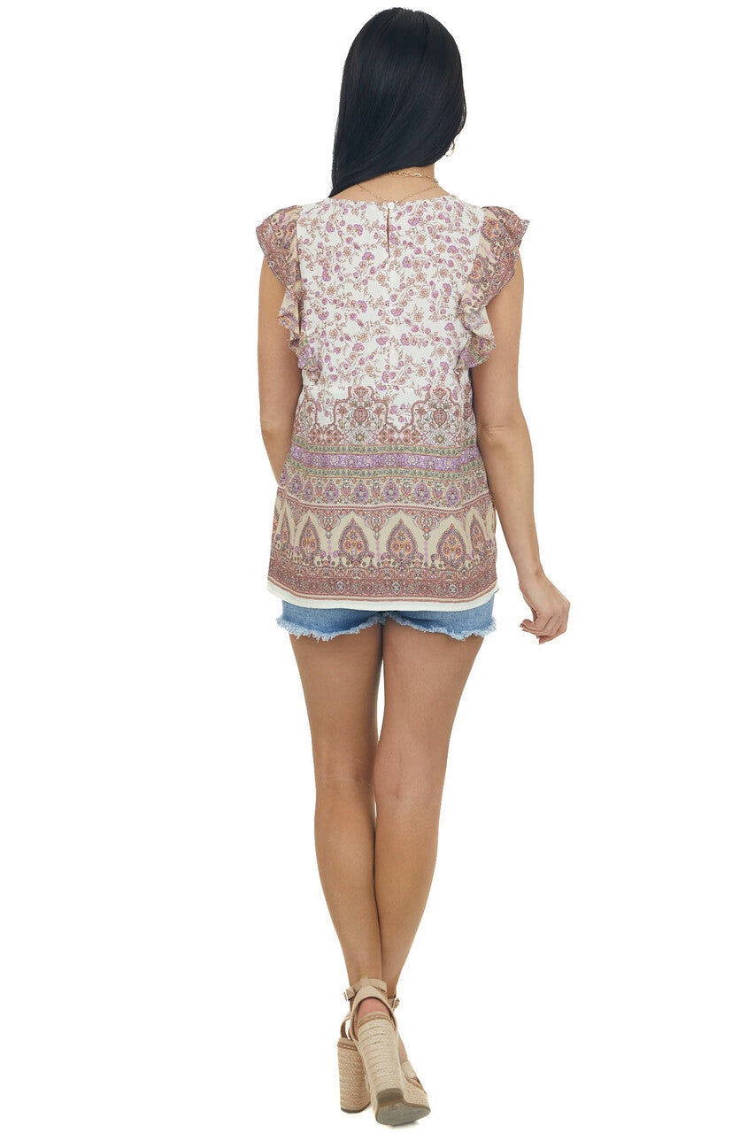 Ivory Floral Print Ruffle Cap Sleeve Blouse 