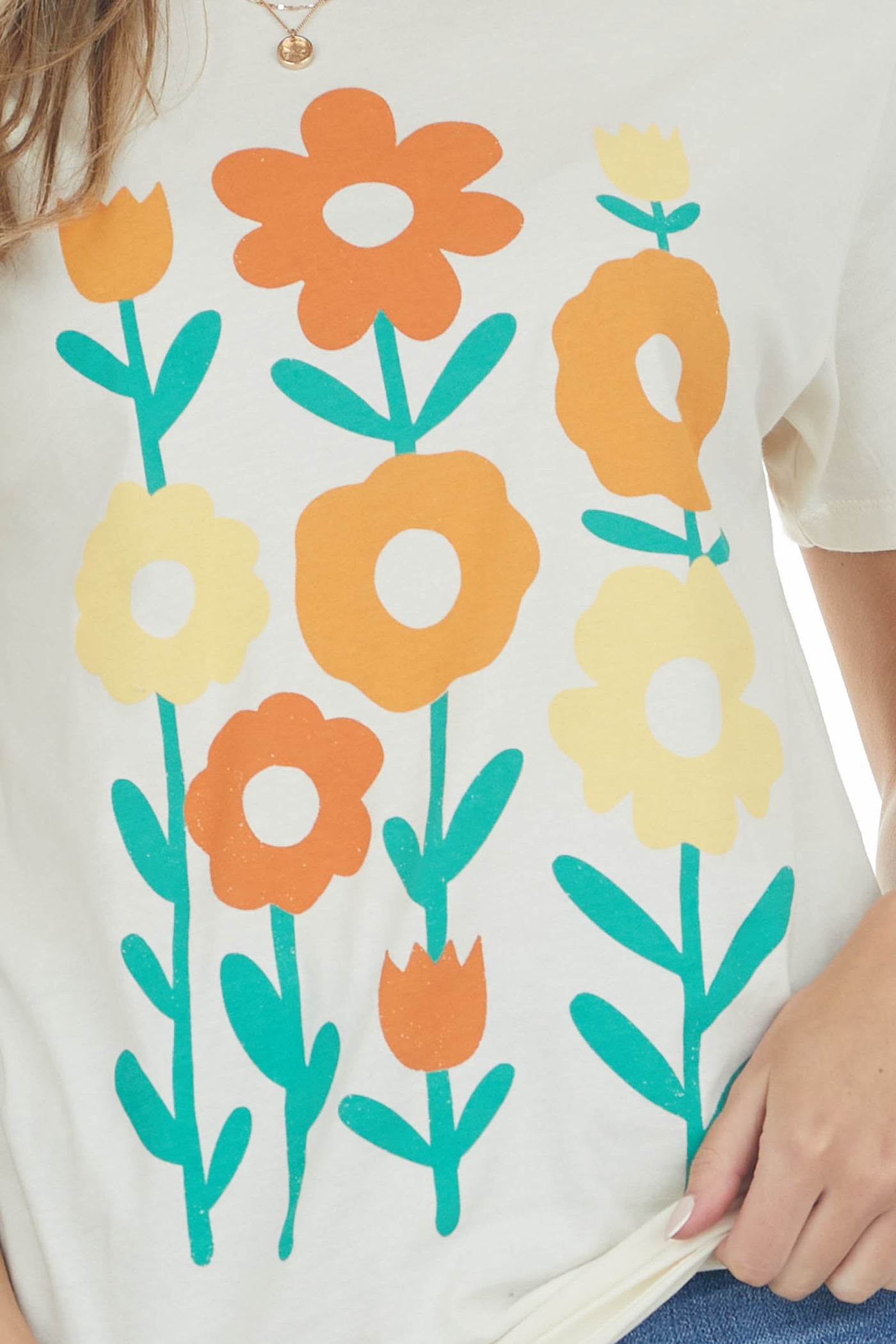 Ivory Flower Graphic Drop Shoulder Knit Tee