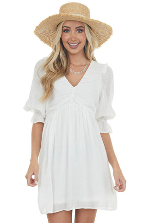 Ivory Half Sleeve Ruched V Neck Short Dress