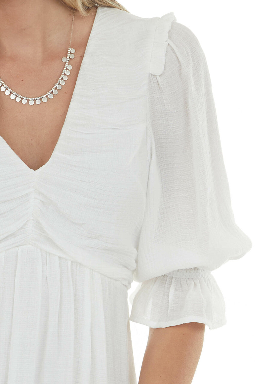 Ivory Half Sleeve Ruched V Neck Short Dress