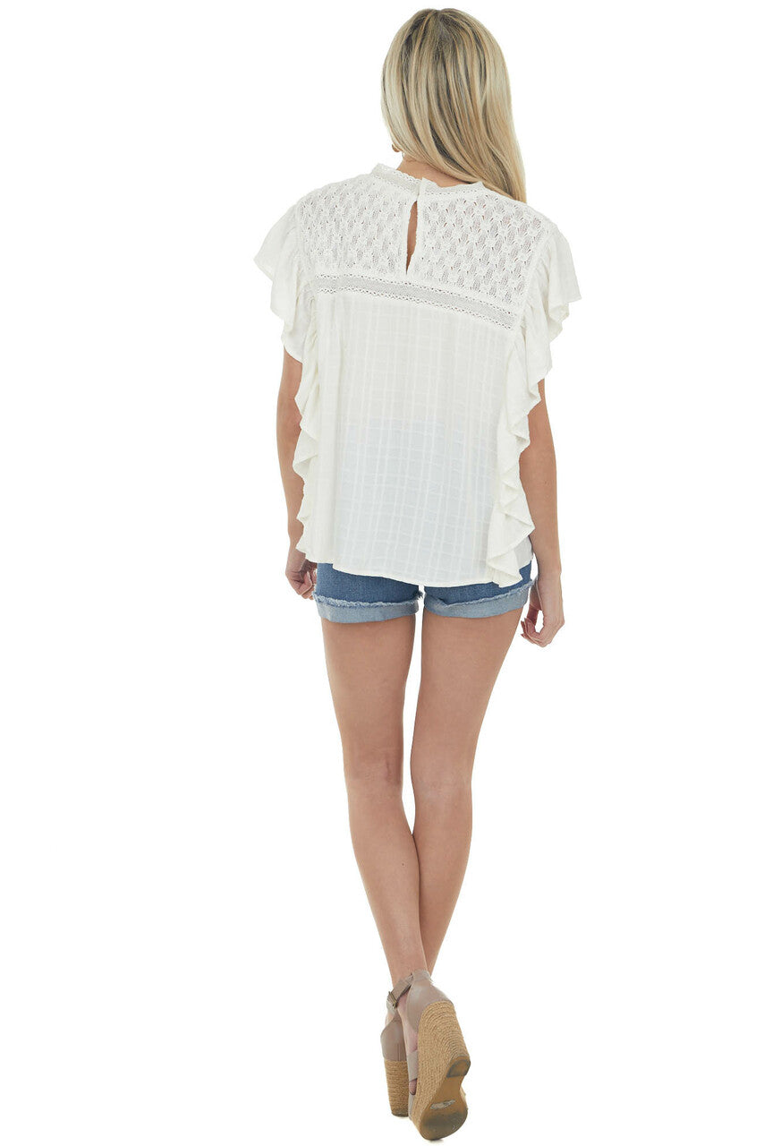 Ivory High Neck Ruffle Sleeve Yoke Woven Top