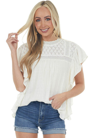 Ivory High Neck Ruffle Sleeve Yoke Woven Top