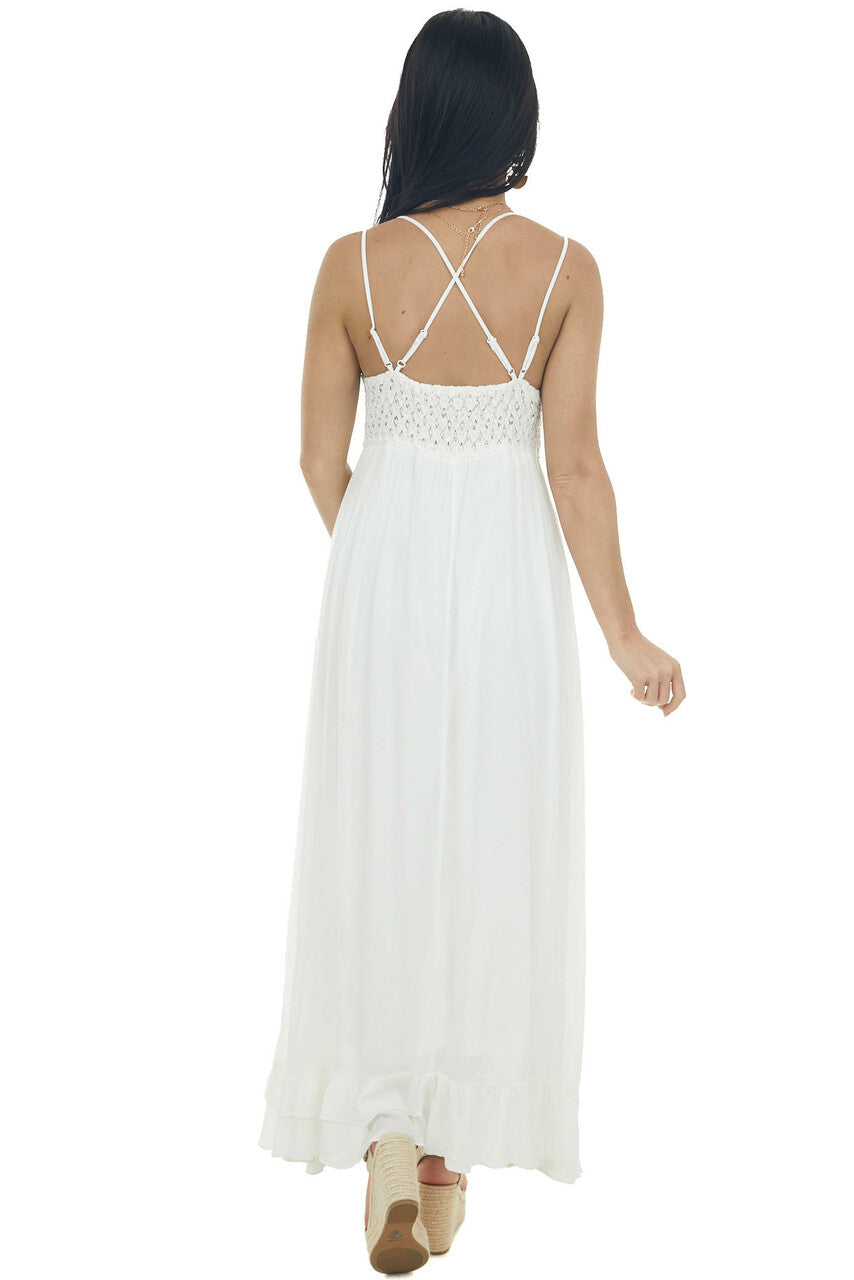 Ivory Lace V Neck Maxi Dress with Ruffle Hem