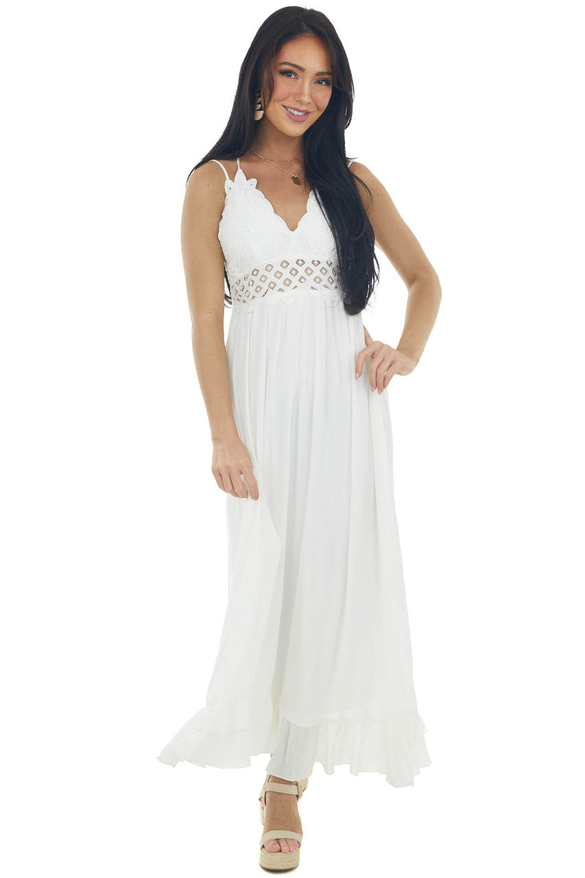 Ivory Lace V Neck Maxi Dress with Ruffle Hem