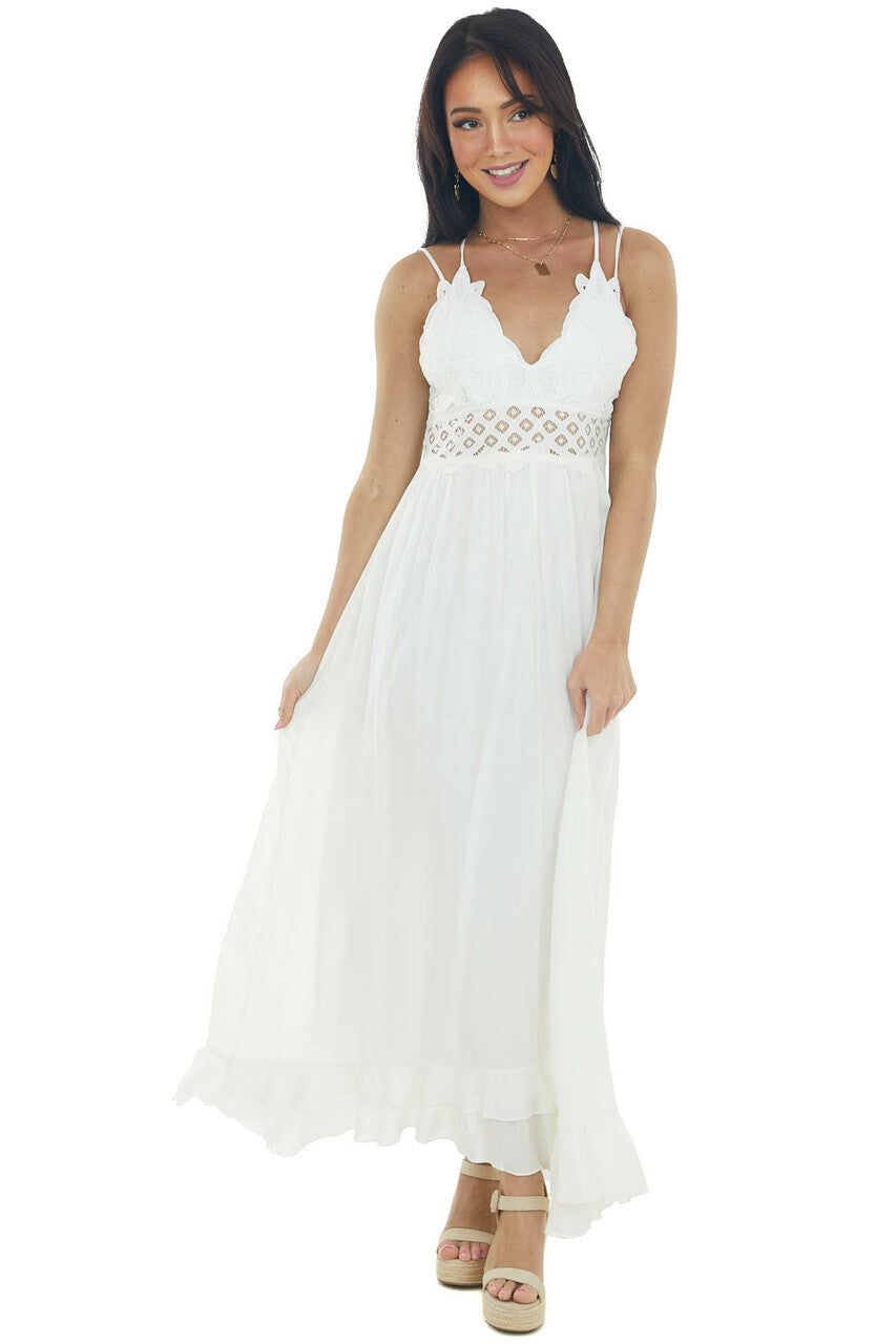 Ivory Lace V Neck Maxi Dress with Ruffle Hem