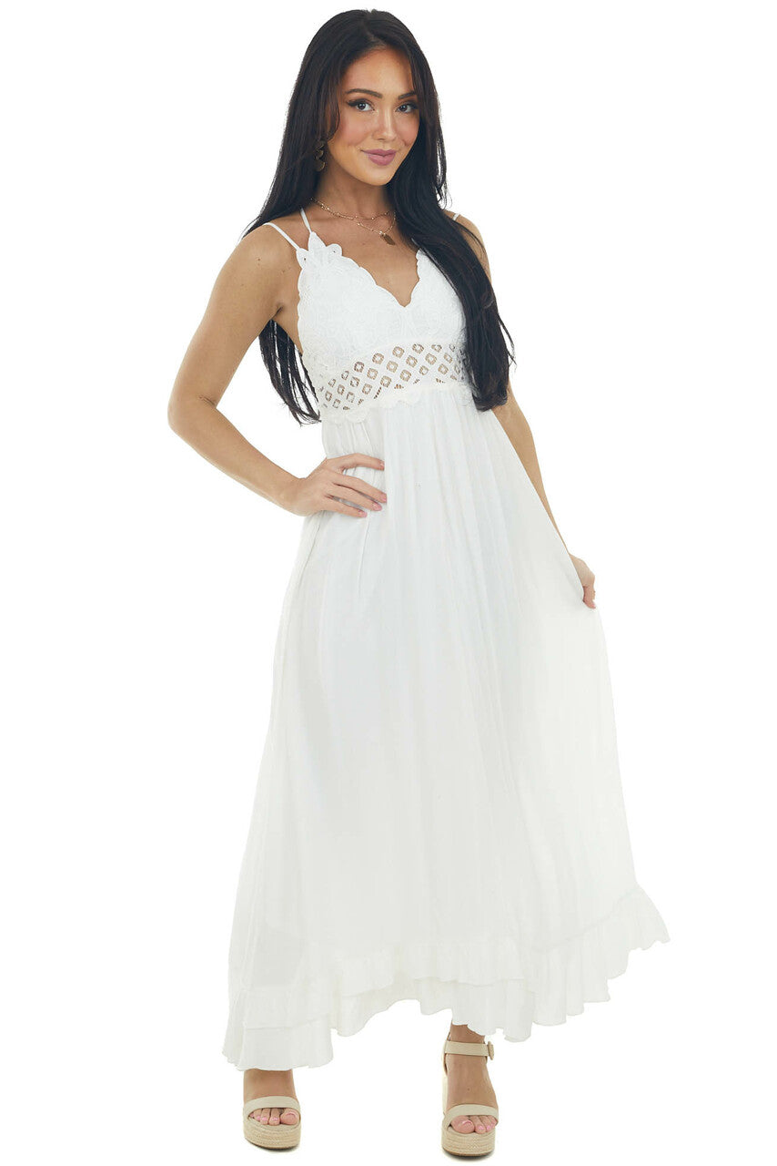 Ivory Lace V Neck Maxi Dress with Ruffle Hem