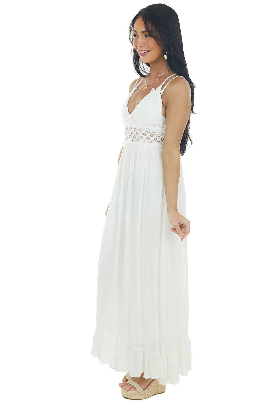 Ivory Lace V Neck Maxi Dress with Ruffle Hem