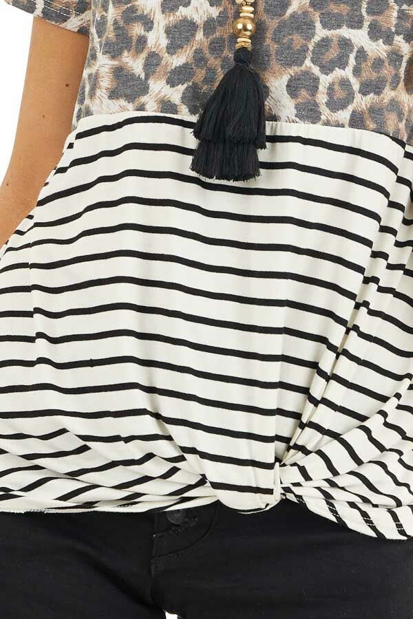 Ivory Leopard and Striped Color Block Top with Front Twist detail