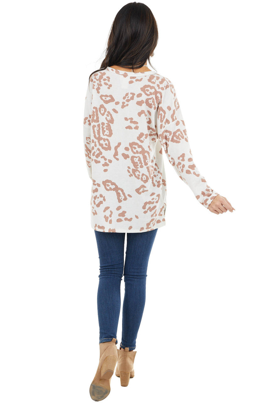 Ivory Leopard Print Long Sleeve Top with Front Pocket
