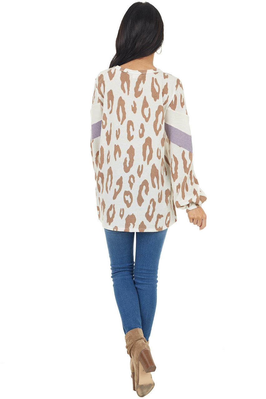 Ivory Leopard Print Puff Sleeve Top with Chevron Colorblock