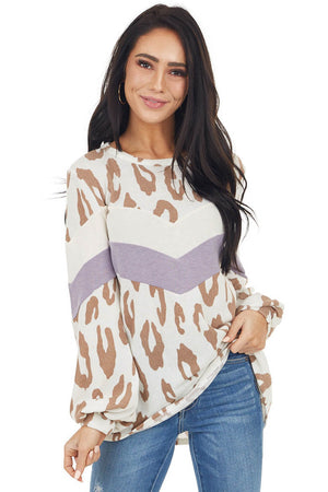 Ivory Leopard Print Puff Sleeve Top with Chevron Colorblock