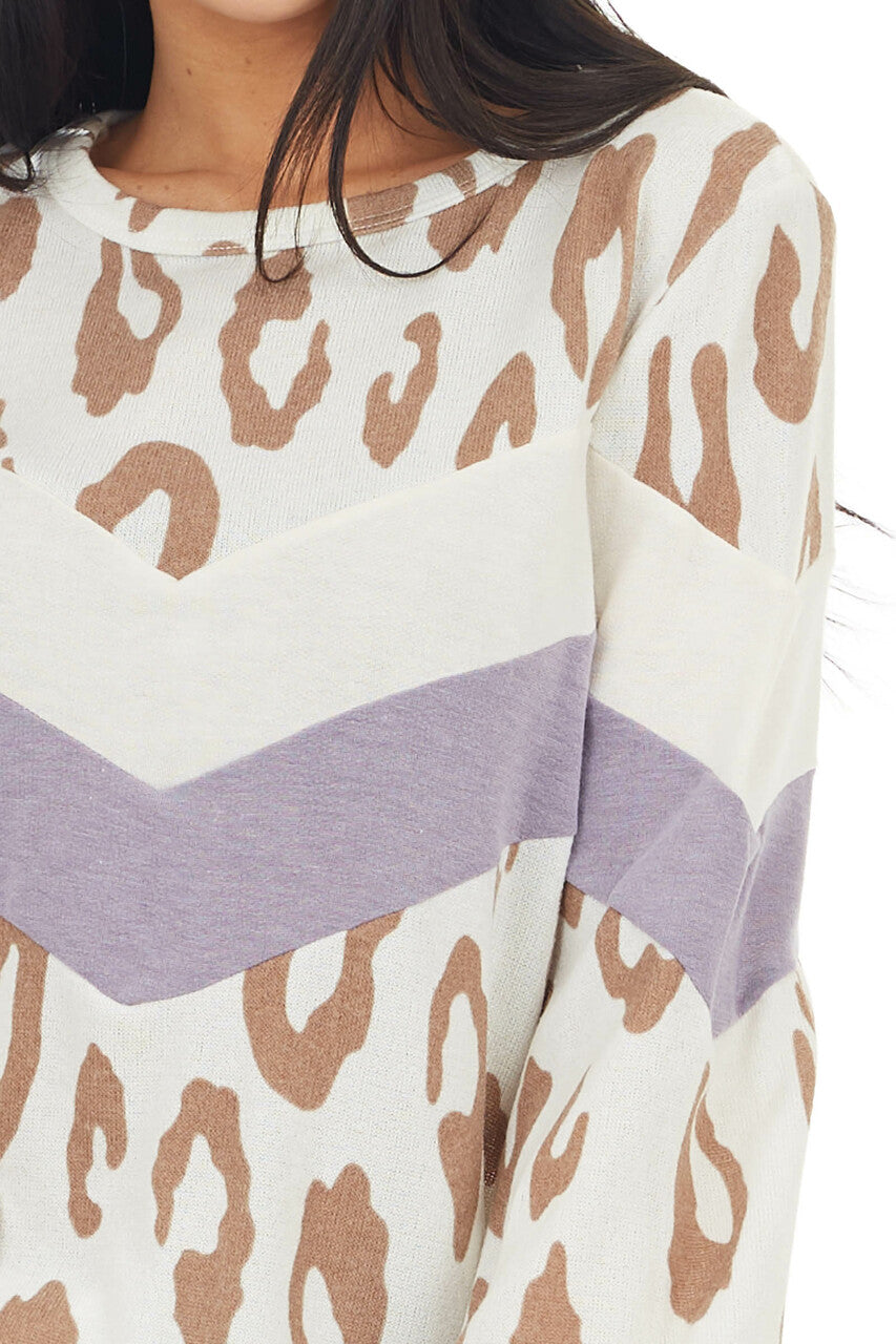 Ivory Leopard Print Puff Sleeve Top with Chevron Colorblock