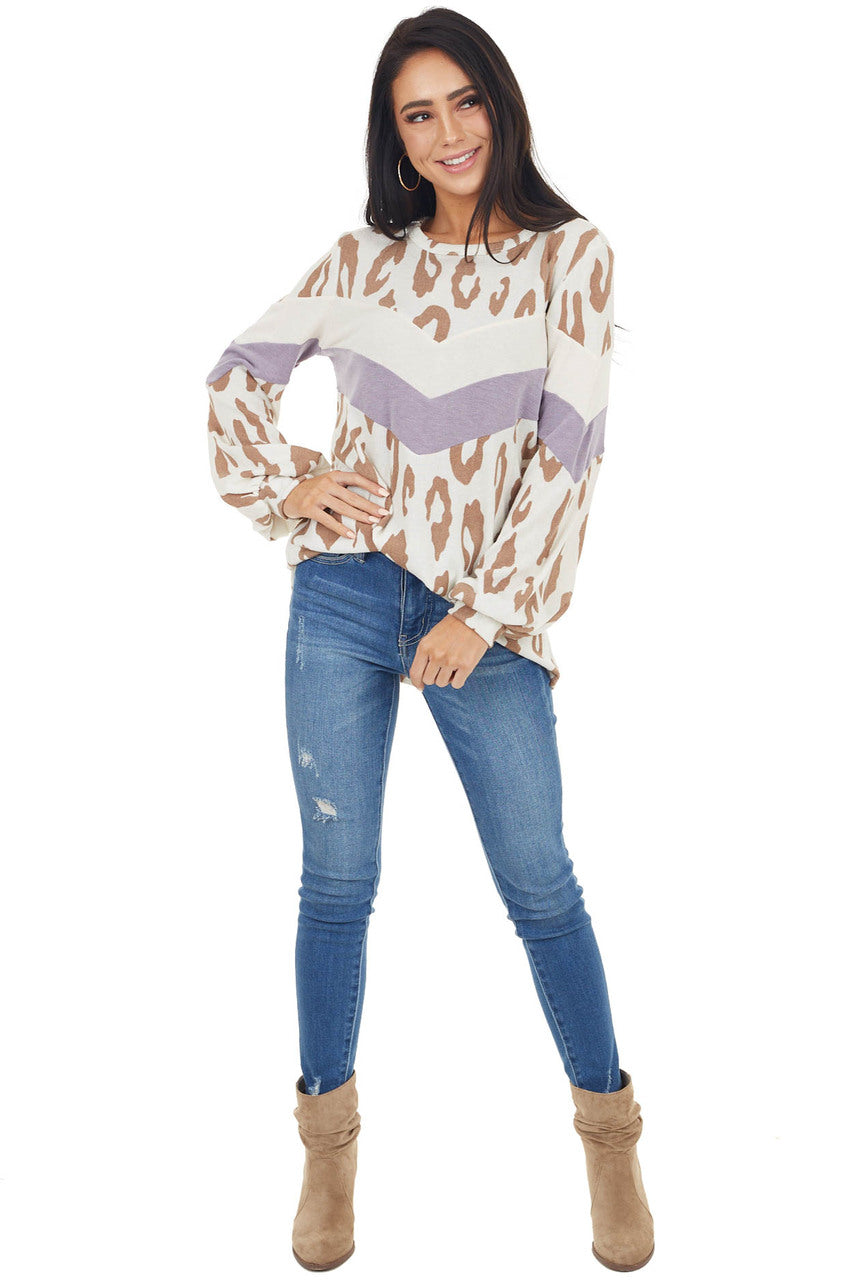 Ivory Leopard Print Puff Sleeve Top with Chevron Colorblock