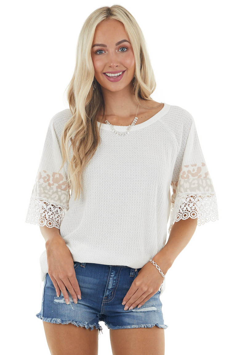 Ivory Leopard Print Short Sleeve Waffle Knit Top with Lace