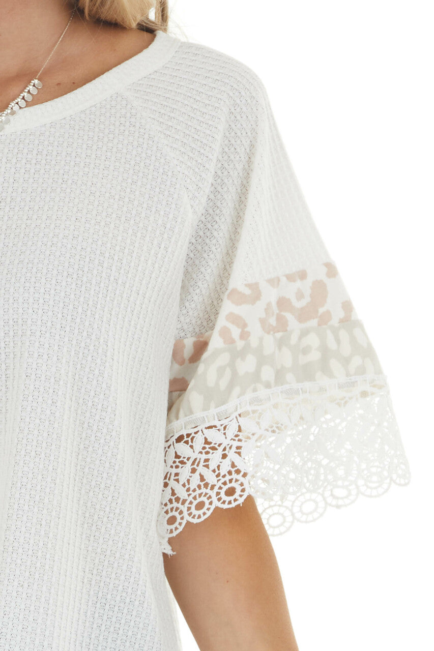 Ivory Leopard Print Short Sleeve Waffle Knit Top with Lace