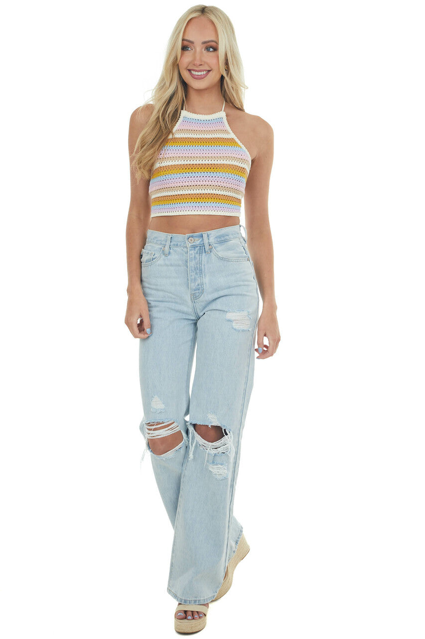 Ivory Multicolor Crochet Halter Tank Top