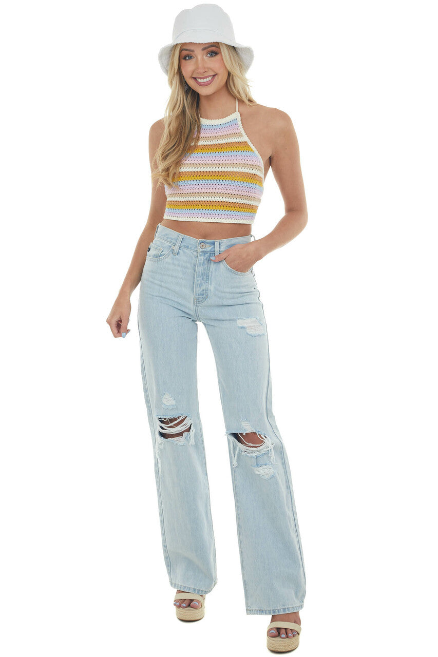 Ivory Multicolor Crochet Halter Tank Top