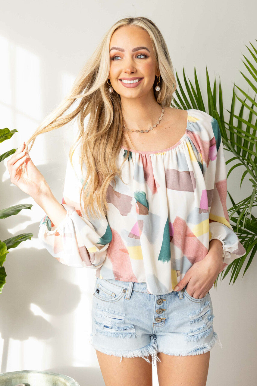Ivory Multicolor Paint Stroke Puff Sleeve Blouse