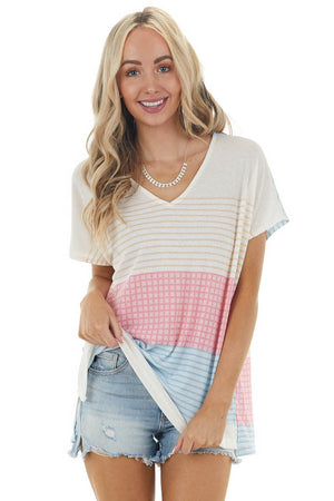 Ivory Multicolor Striped Knit Top with Short Kimono Sleeves