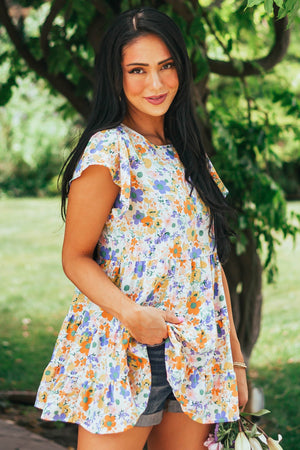 Ivory Multicolored Floral Print Drop Waist Blouse