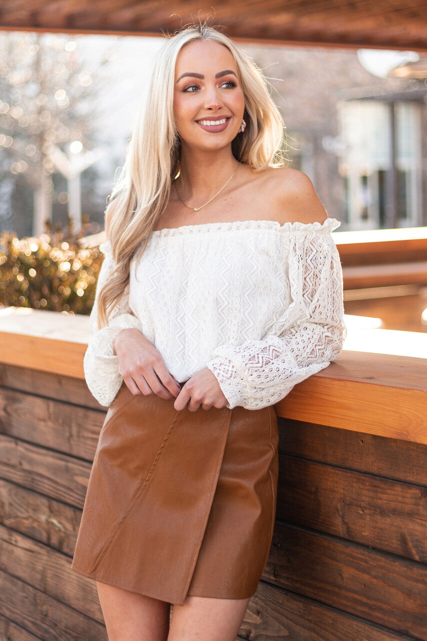 Ivory Off Shoulder Long Bubble Sleeve Lace Top