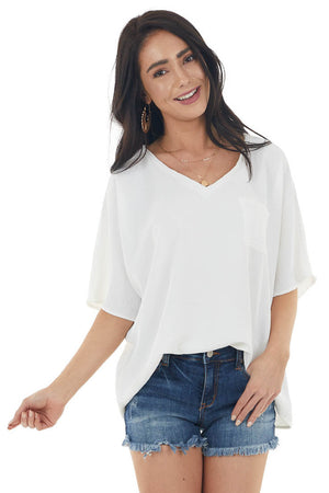 Ivory Oversized Woven Short Sleeve Top with Chest Pocket