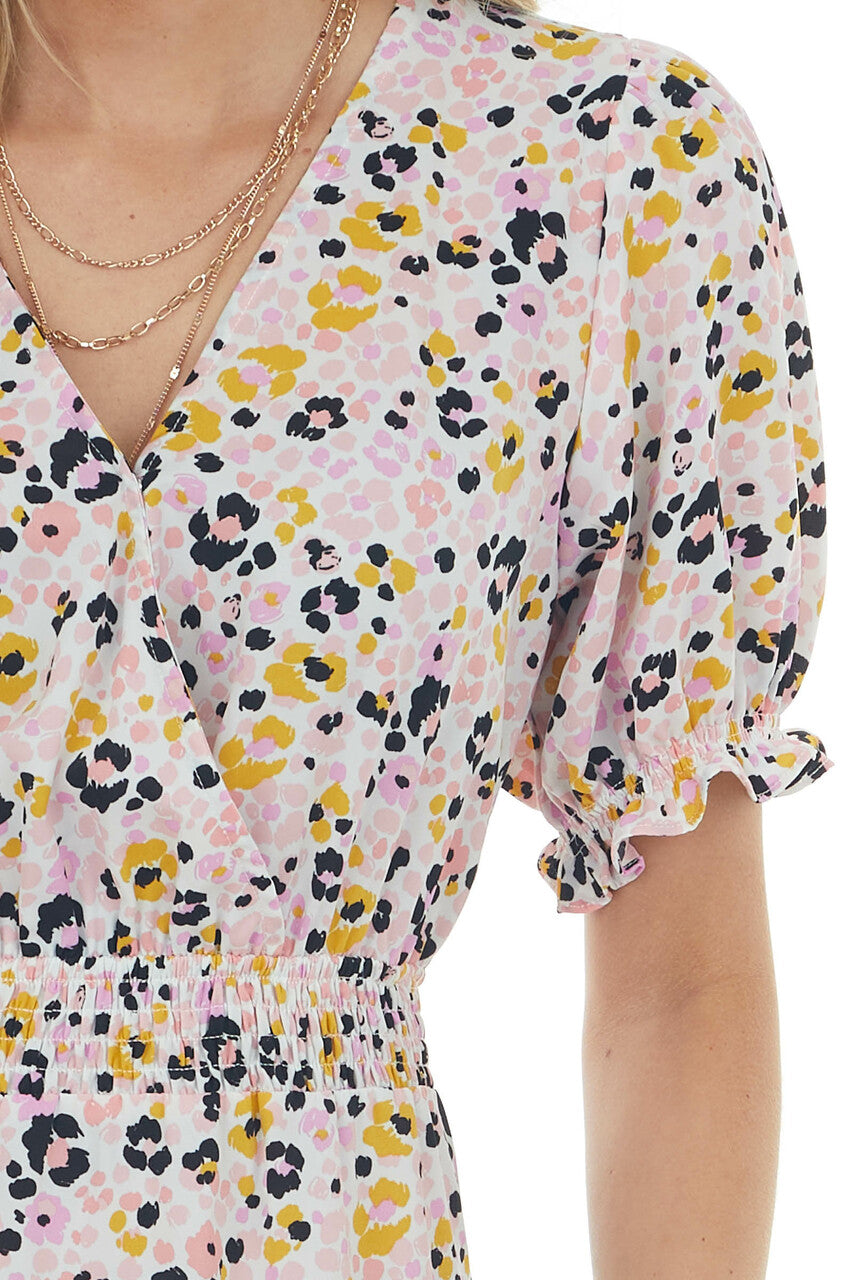 Ivory Printed Surplice Woven Short Dress