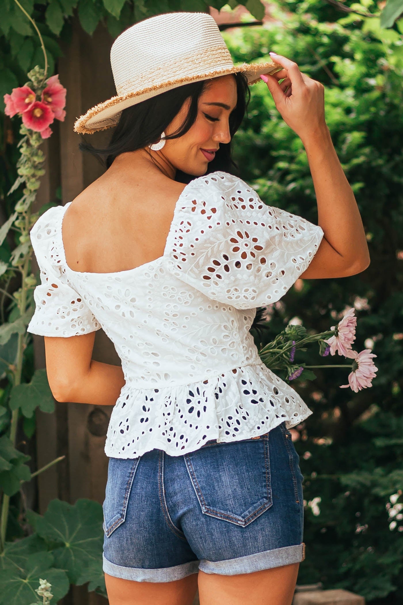 Ivory Puff Sleeve Eyelet Lace Peplum Blouse