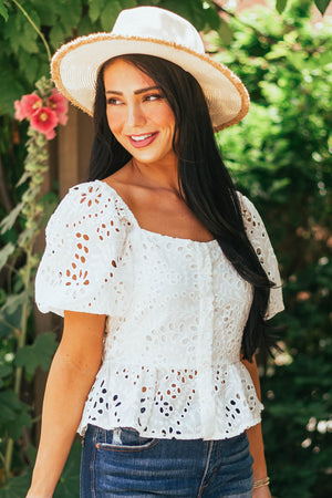 Ivory Puff Sleeve Eyelet Lace Peplum Blouse