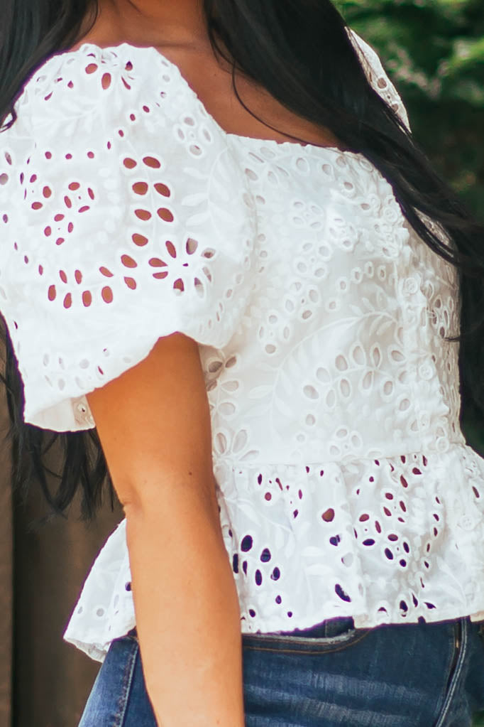 Ivory Puff Sleeve Eyelet Lace Peplum Blouse