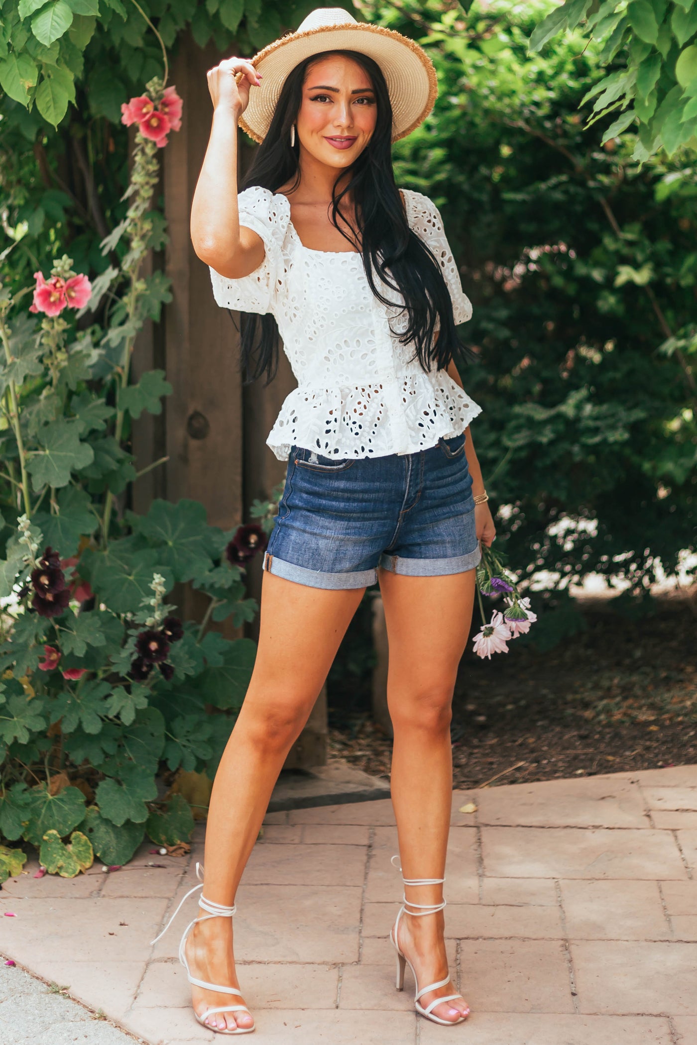 Ivory Puff Sleeve Eyelet Lace Peplum Blouse