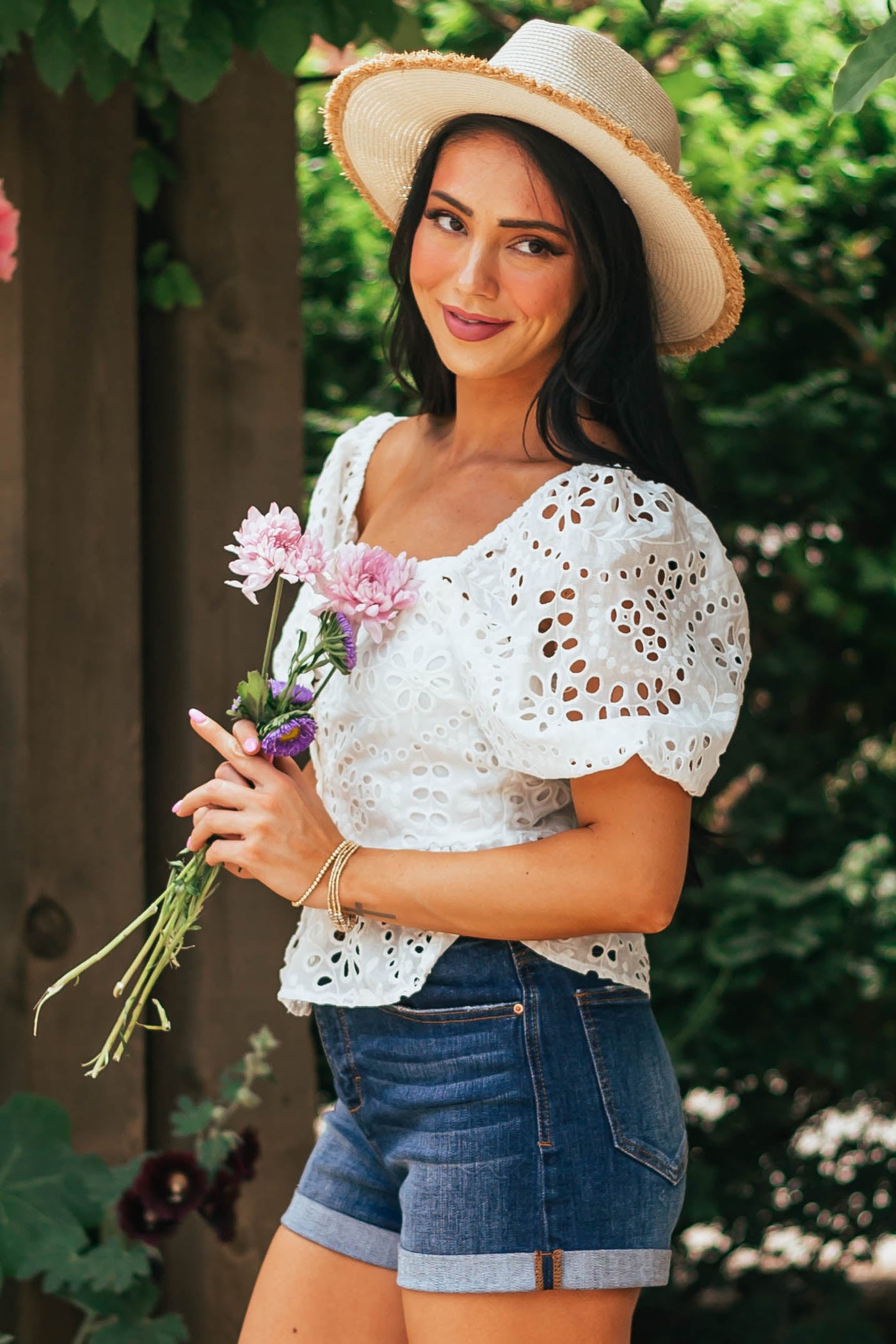Ivory Puff Sleeve Eyelet Lace Peplum Blouse