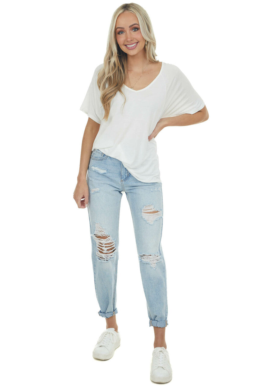 Ivory Raglan Short Sleeve Lightweight Knit Top 