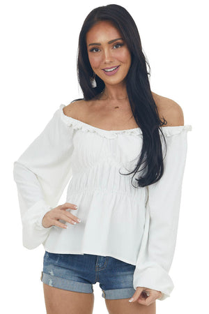 Ivory Ruched Empire Waist Bubble Sleeve Top 