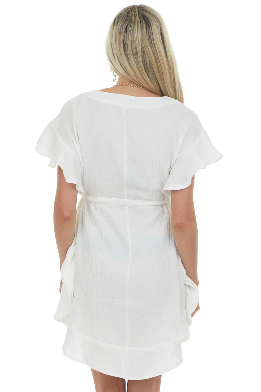 Ivory Ruffle Trim Notch Neck Woven Dress