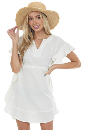 Ivory Ruffle Trim Notch Neck Woven Dress