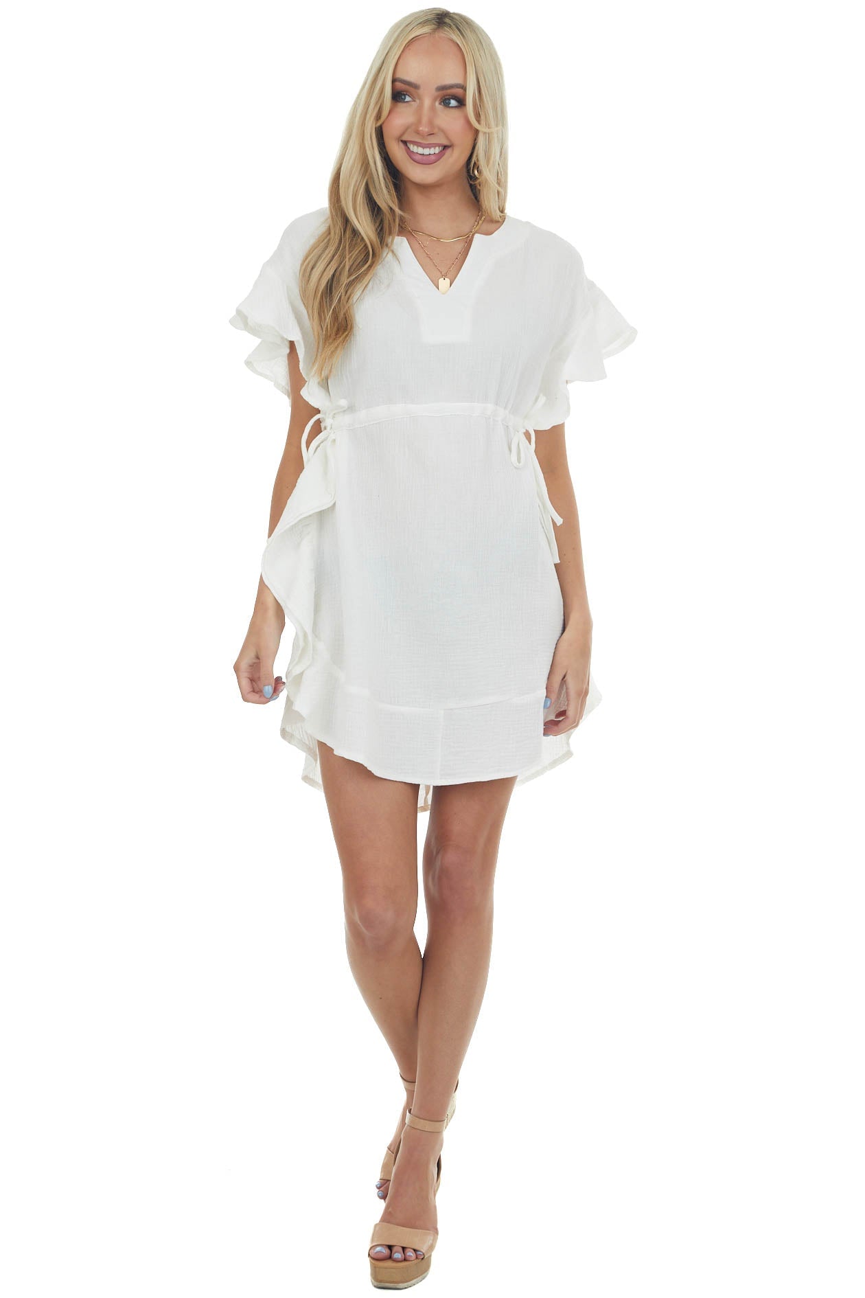 Ivory Ruffle Trim Notch Neck Woven Dress