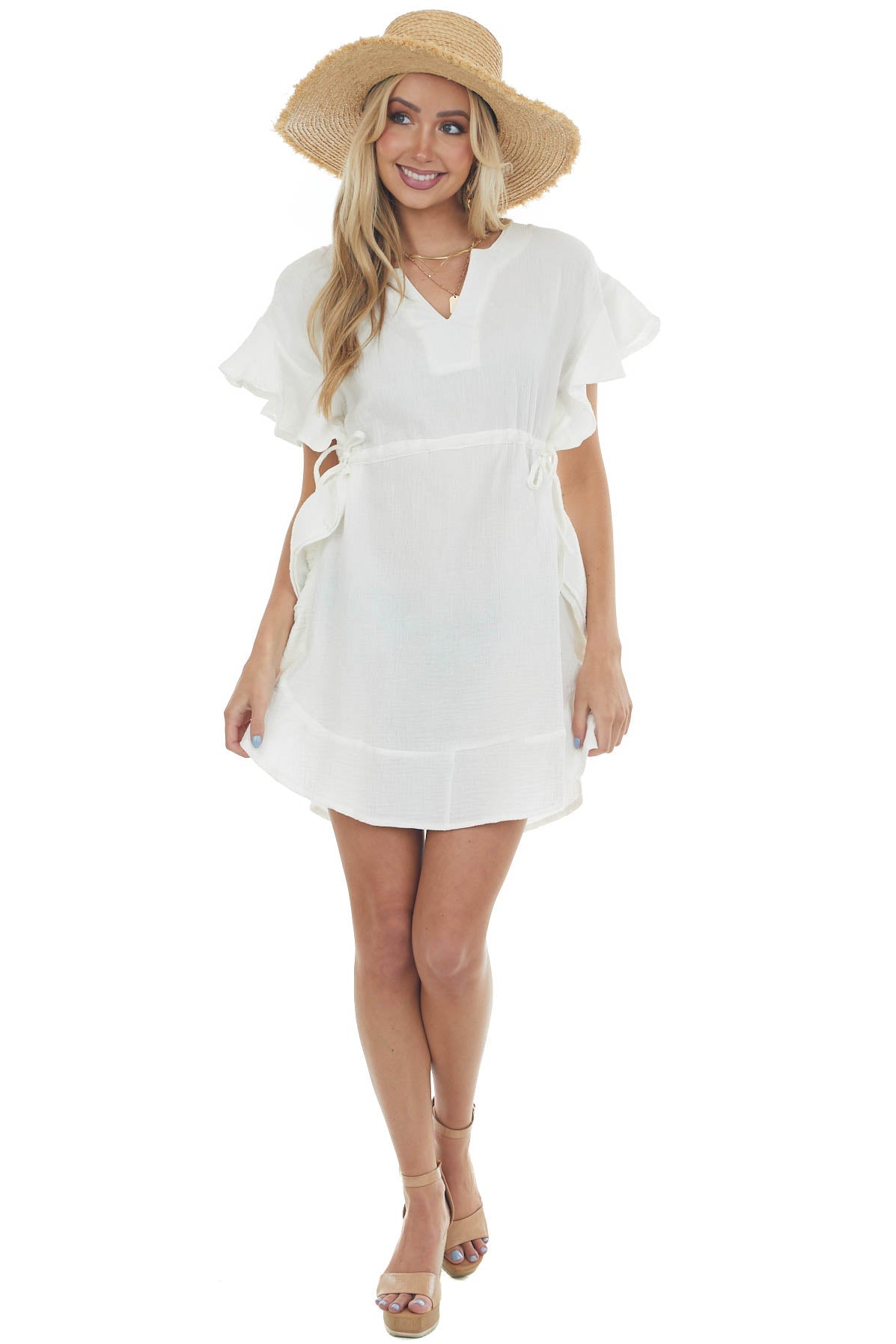 Ivory Ruffle Trim Notch Neck Woven Dress